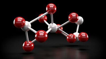 A detailed close up of a molecular structure with red and white spheres on a black background