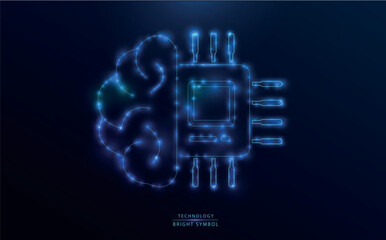 Glowing symbol combining a human brain and a microchip, representing artificial intelligence, technology, and digital innovation. ideal for concepts related to AI.  Futuristic illustration.