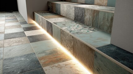 Modern tiled stair with thin lighting edge  
