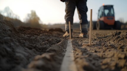 Surveyor marking land boundaries with stakes. Featuring precision and planning