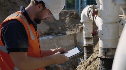 Drainage engineer inspecting stormwater pipes at an excavation site. Featuring water management and precision