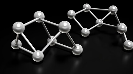 Fototapeta premium Two molecular structures with silver spheres connected by rods on a dark background surface view