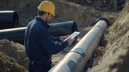 Drainage engineer inspecting stormwater pipes at an excavation site. Featuring water management and precision