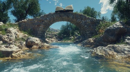 Fototapeta premium Ancient stone bridge spanning a rushing river, with an open book atop.