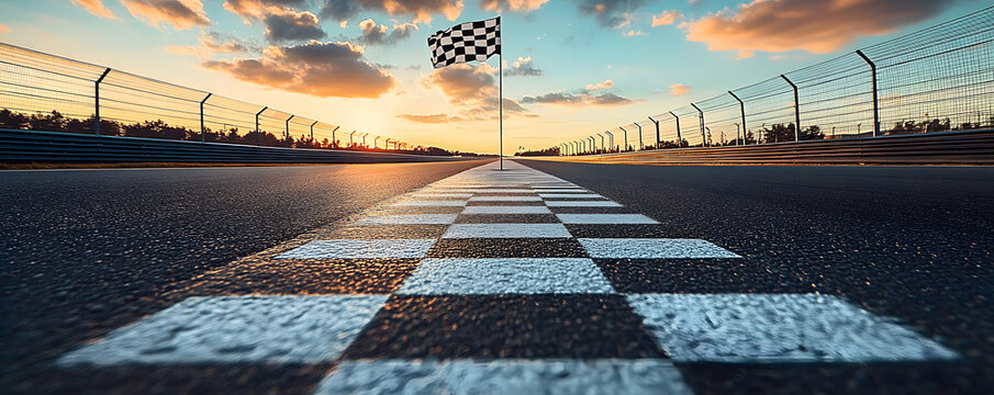Straight stretch of road on a racetrack leading to the finish line, with the checkered flag waving in the distance, Racetrack Road, Final push to victory