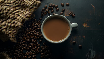 Top view of cup of coffee with coffee beans on desk with coffee beans and sack