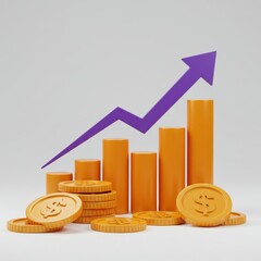 Rising graph with coins and bars on white background