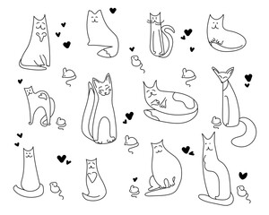 cats and mice doodle set. Collection of funny hand drawn various kinds of cute wild birds isolated on transparent background.Funny doodle cats sketch on a white background