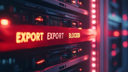 Obraz premium US technology export restrictions in 2025 shown with red-lit server room and “EXPORT BLOCKED” sign, symbolizing trade sanctions, data embargo, and geopolitical tech policy in red and blue hues