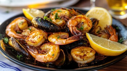 Delicious spicy shrimp and mussels with lemon and parsley garnish