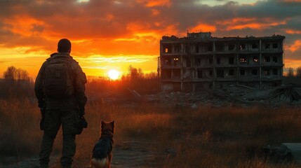 Fototapeta premium Soldier and Companion at Sunset A Solemn Watch Over Ruins and Nature