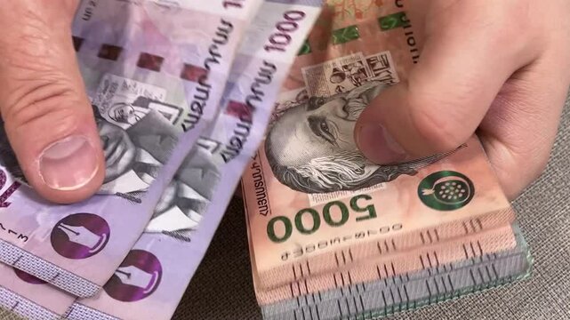 Horizontal video close up. Woman count paper purple, red Armenian banknotes 1000, 5000, 10000, 20000 dram on wood table. Cash money. Concept of debt, loan, pay tax, budget, salary, bribe, travel