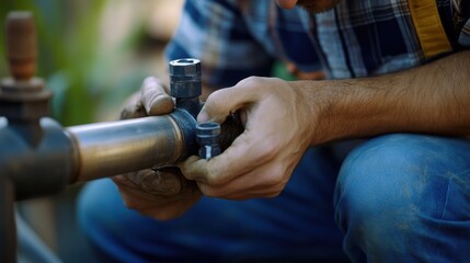 Plumber fixing a leaking pipe at a construction site. Featuring skill and precision