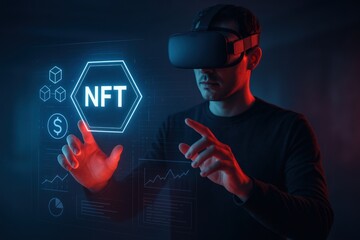 Man in VR headset interacting with NFT interface. Futuristic scene of a man wearing virtual reality glasses using a digital NFT interface, symbolizing blockchain, crypto, and metaverse tech.