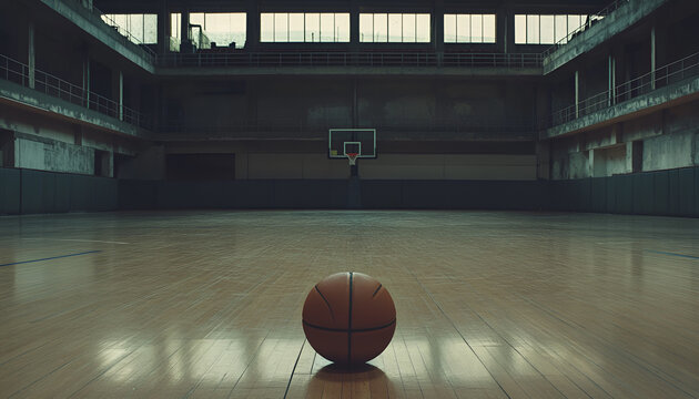 Basketball bouncing on hardwood court in arena. basketball resting on the hardwood court of an arena, poised for the excitement of the upcoming game and the thrill of competition