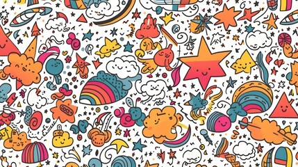 Fototapeta premium Fun Cartoon Doodle Pattern with Stars, Clouds and Smiling Characters