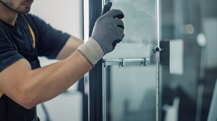 Glazier installing a tempered glass partition in a corporate office. Featuring precision and transparency