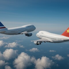 Fototapeta premium Two large commercial aircraft fly in close proximity above the clouds, each bearing national colors—one with the United States flag on the tail and the other with China’s flag. 