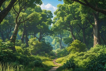 Fototapeta premium Vibrant Summer Adventure Trails Amidst Lush Trees and Dense Thickets