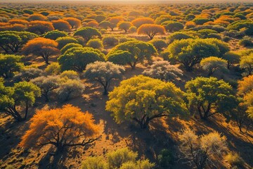 Stunning Aerial View of Acacia Trees in Bright Savannah Landscape Under Sunny Skies