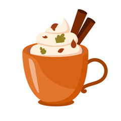 A coffee cup with foam in warm autumn colors on a white background.Cups are decorated with leafs, cinnamon, lush foam.
