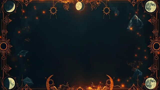 Enchanting whimsigothic design with celestial motifs, orange glowing crescent moons, stars, and esoteric symbols creating mystical gothic aesthetic concept