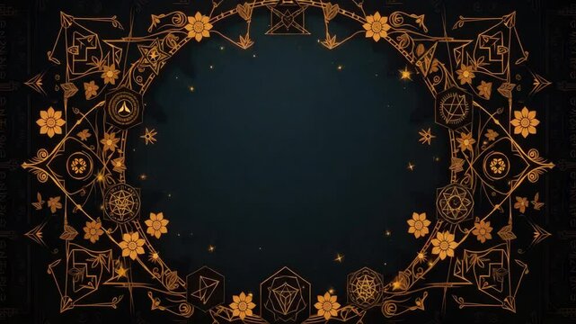 Ornate floral and geometric mystic circle on dark background with golden accents reflecting whimsigothic design aesthetic