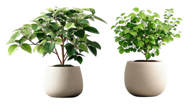 Realistic leafy green houseplants with full foliage in light-toned minimalist planters for lifestyle