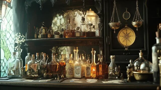 Enchanting apothecary shelf with vintage bottles, tarot cards, and mystical decor exemplifying whimsigothic design