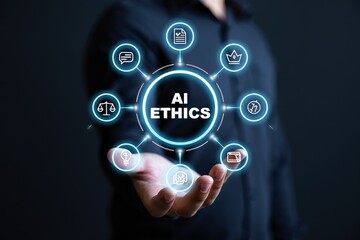 AI ethics and law in artificial intelligence governance. Icons related to AI ethics, symbols of legal scales, security, and global responsibility. ethical standards and regulations in AI technology.