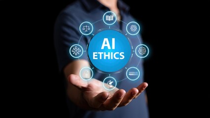 AI ethics and law in artificial intelligence governance. Icons related to AI ethics, symbols of legal scales, security, and global responsibility. ethical standards and regulations in AI technology.