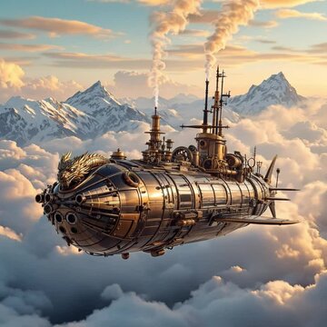 Steampunk Dragon Airship Soaring Through Snowy Mountain Clouds with Smoky Chimneys at Sunset
