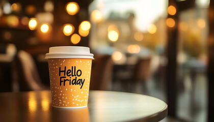 Naklejka premium Hello friday coffee cup AI generated. hello friday coffee cup stand on table