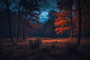 Obraz premium Mysterious Nighttime Forest Scene with Autumn Colors and Dreamlike Atmosphere
