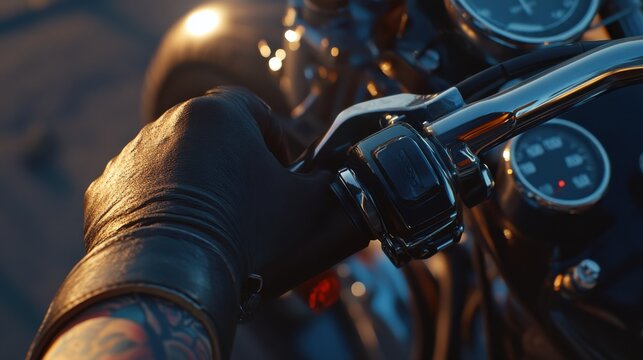 Tattooed hand gripping motorcycle throttle. Featuring power and control