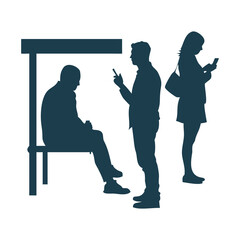 Silhouettes at Bus Stop Using Phones - Silhouettes of People Using Phones Waiting at Bus Station