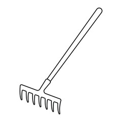 Garden rake vector illustration. Hand-drawn doodle style landscaping tool with long handle. Black line art isolated on white background.