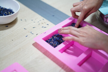 Handmade soaps in silicone molds. Close up 