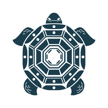 Sacred Turtle Geometric turtle shell with Bagua pattern, head peeking out - Geometric Turtle Shell Bagua Design Illustration