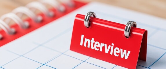 Bright Red Interview Sign Placed on a Desk Calendar with Notepad