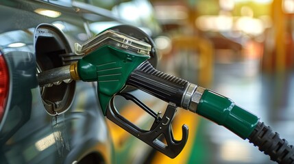 Close-Up Of Fuel Nozzle Inserted In Car At Gas Station, Refueling Vehicle With Gasoline At Pump.
