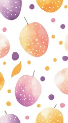 Watercolor fruit pattern featuring plums and peaches.