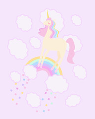 Cartoon unicorn standing on rainbow with clouds. Princess unicorn with a crown on her head with a pink and colorful mane on a light background
