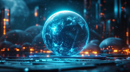 Fototapeta premium Futuristic Cityscape at Night with Glowing Orb Displaying Earth Hologram, Technology Concept