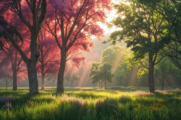 Fototapeta premium Radiant Light Streaming Through Lush Trees in Stunning Nature Landscape