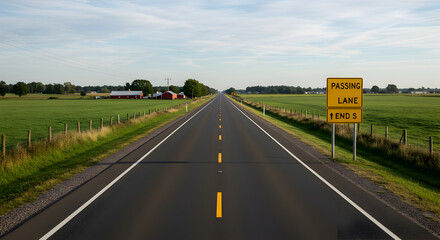 Fototapeta premium Straight Asphalt Country Road With Passing Lane Ends Sign In Midwest