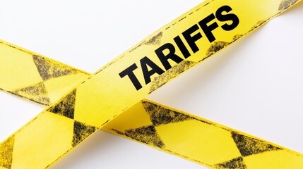 Yellow warning tape with bold &ldquo;TARIFFS&rdquo; text over white background symbolizing danger, restriction, and political caution in 2025 United States import tax and trade conflict policy
