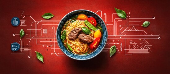 Gourmet bowl of asian noodles, topped with beef and vegetables.
