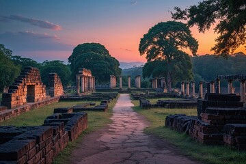 Fototapeta premium Charcoal Adventure Through Historic Ruins at Dusk Exploring Nature and Ancient History