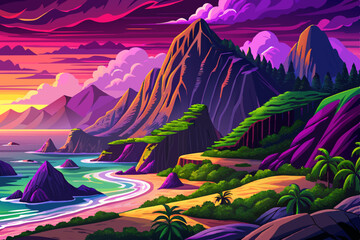 na pali coast state cartoon wilderness park at sunset time design Flat style illustration vector, lush green cliffs, hawaii